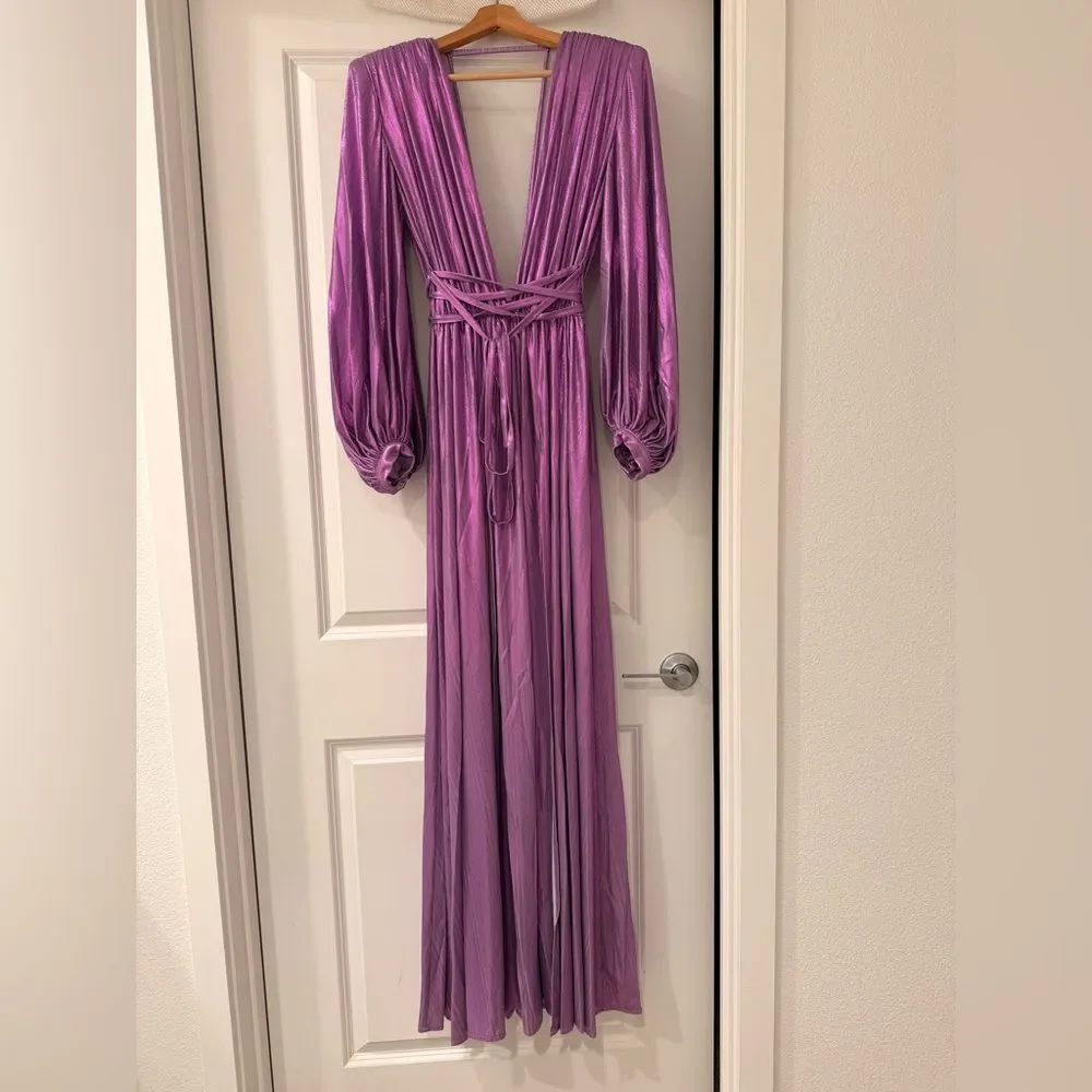 NWOT BRONX AND BANCO Zoe Metallic Blouson-Sleeve Elegant Purple Evening Gown - Picture 5 of 13